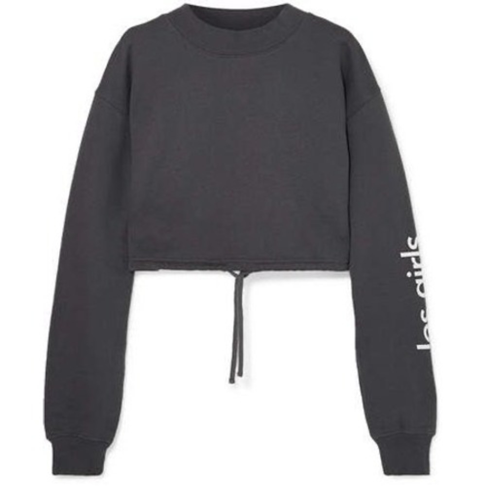 Les Girls Les Boys Cropped Charcoal Sweatshirt XS Logo Sleeve Drawstring
